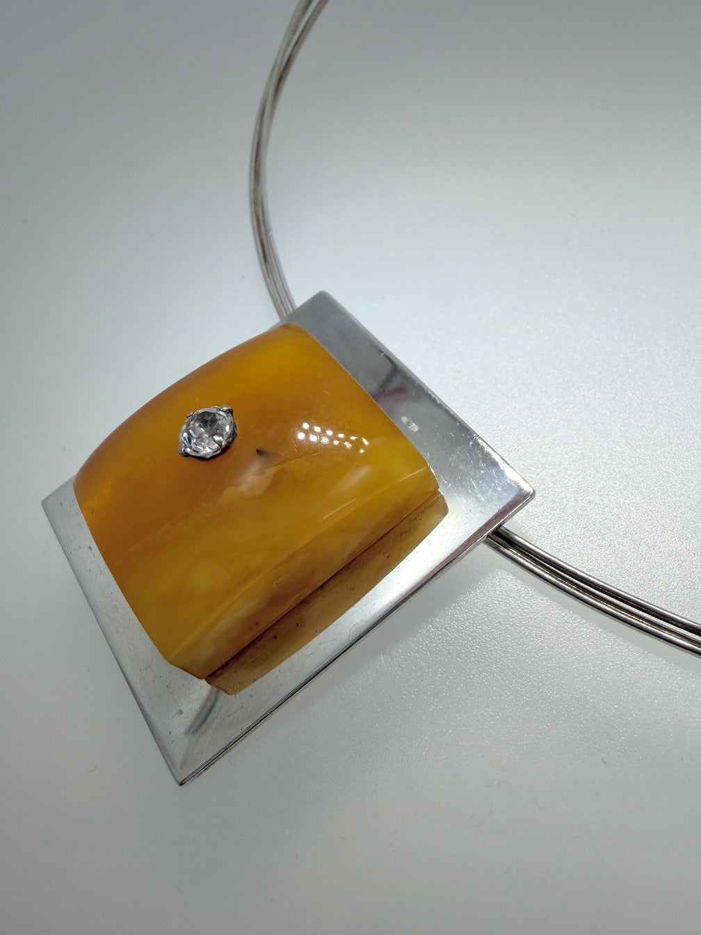 Ambermoda Designer Sterling Silver & Genuine Baltic Butterscotch Amber Rectangle Necklace with Cubic Zirconia Highlight
