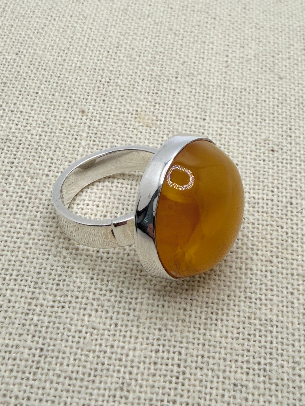 Ambermoda Designer Sterling Silver & Genuine Baltic Round Yellow Butterscotch Amber Adjustable Ring