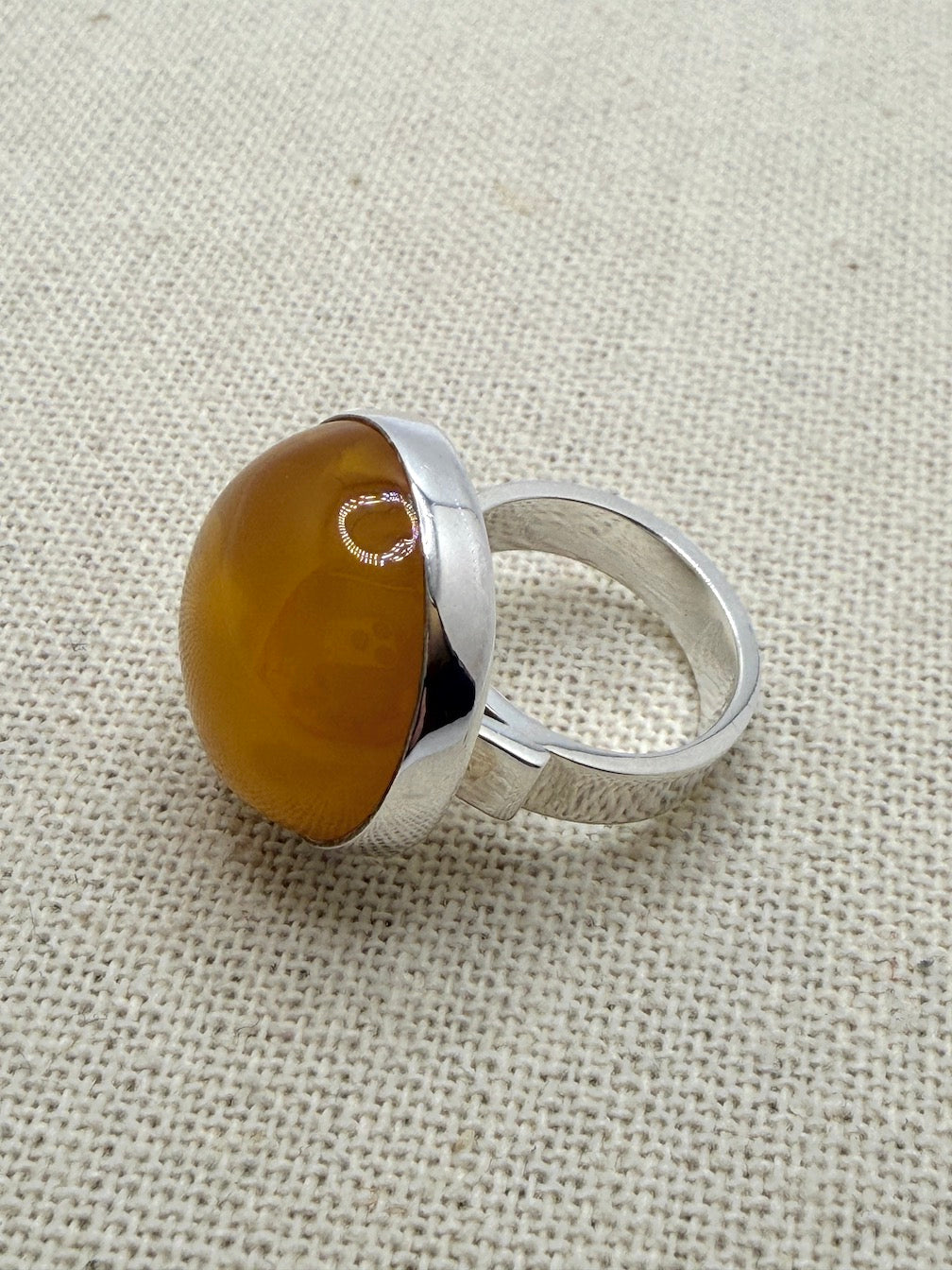 Ambermoda Designer Sterling Silver & Genuine Baltic Round Yellow Butterscotch Amber Adjustable Ring