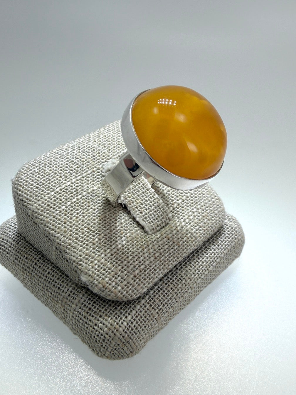 Ambermoda Designer Sterling Silver & Genuine Baltic Round Yellow Butterscotch Amber Adjustable Ring