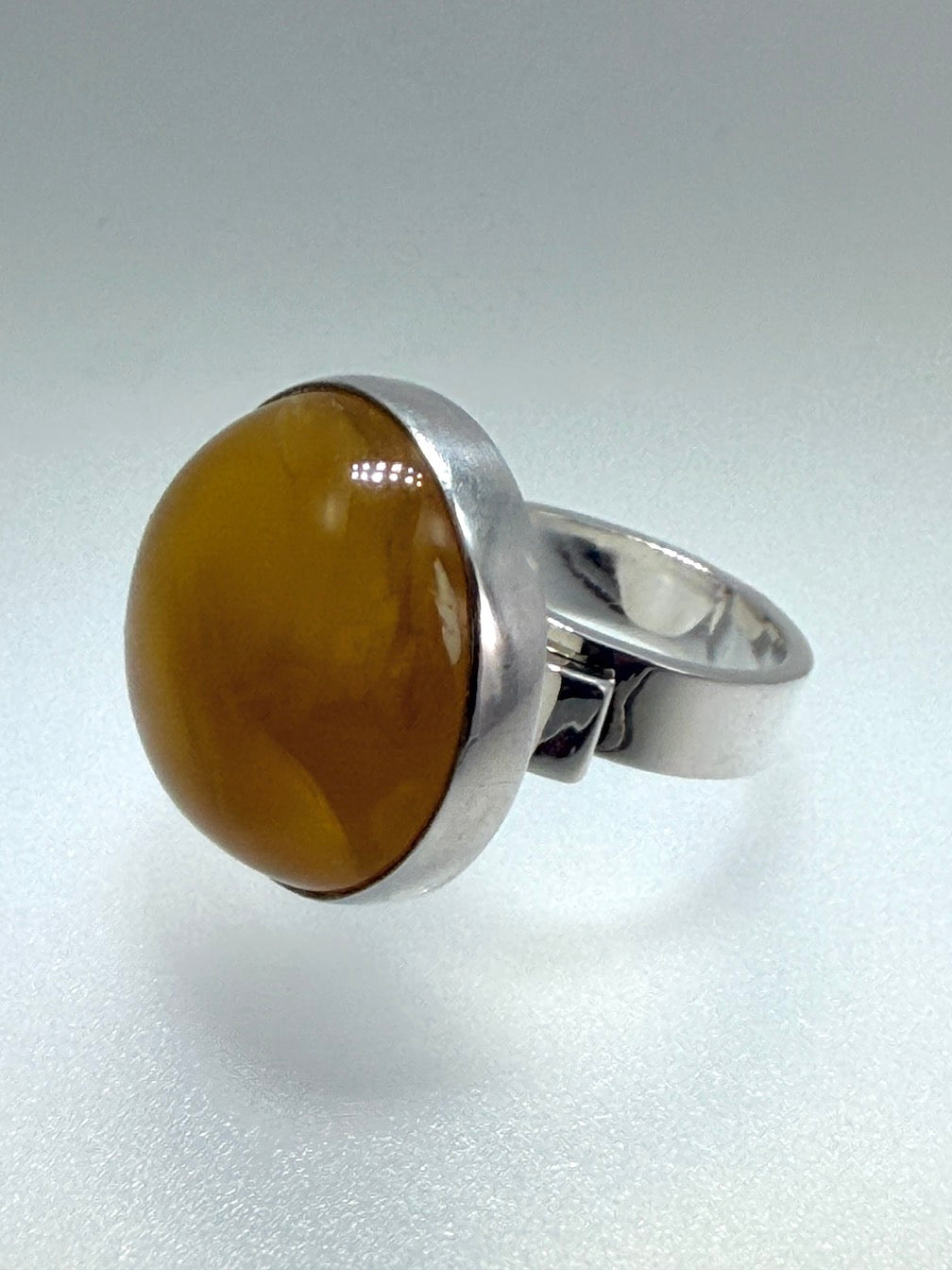 Ambermoda Designer Sterling Silver & Genuine Baltic Round Yellow Butterscotch Amber Adjustable Ring