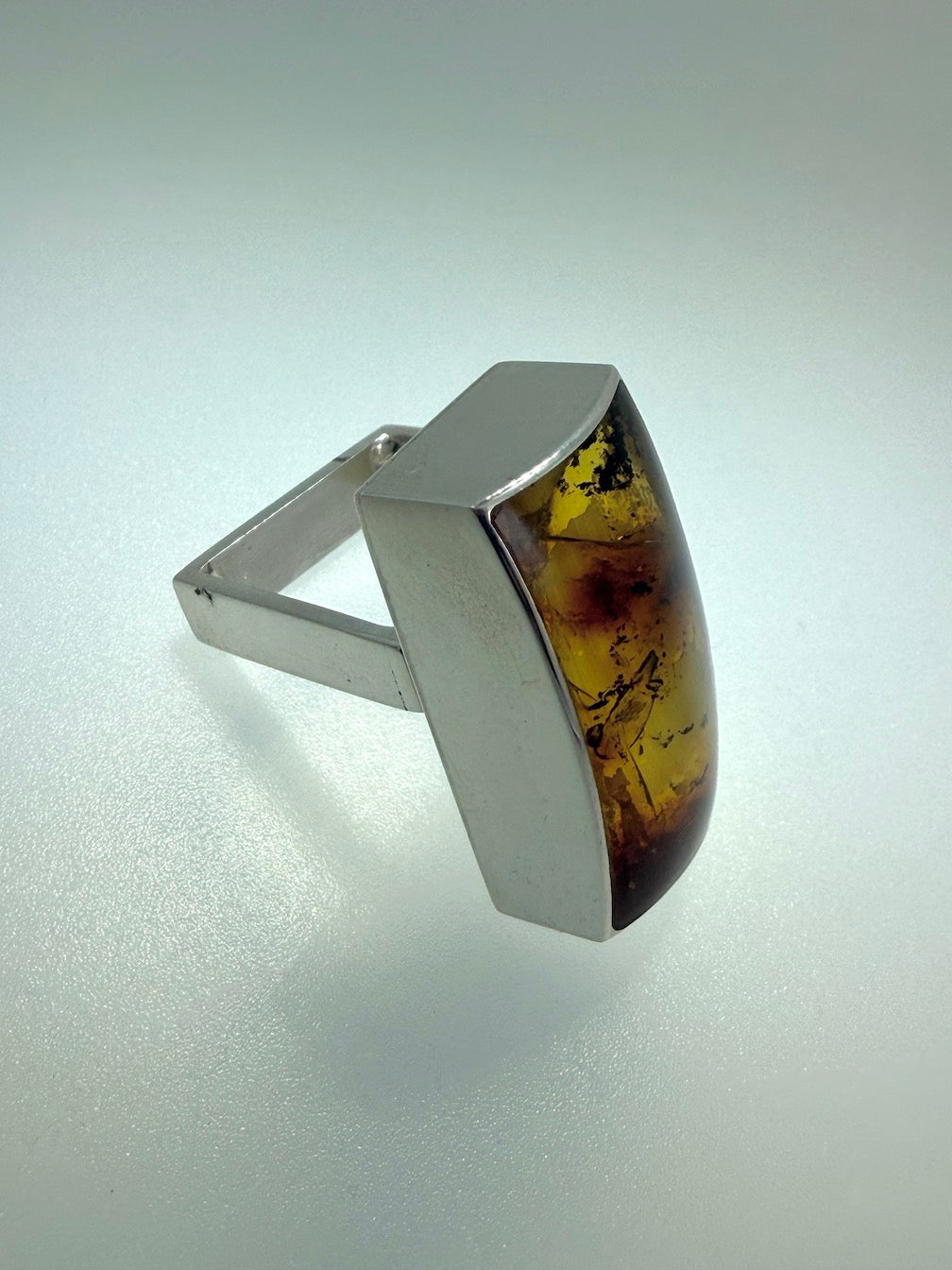 Ambermoda Designer Sterling Silver & Genuine Honey Baltic Amber Avant-Garde Modern Ring with Square Shank