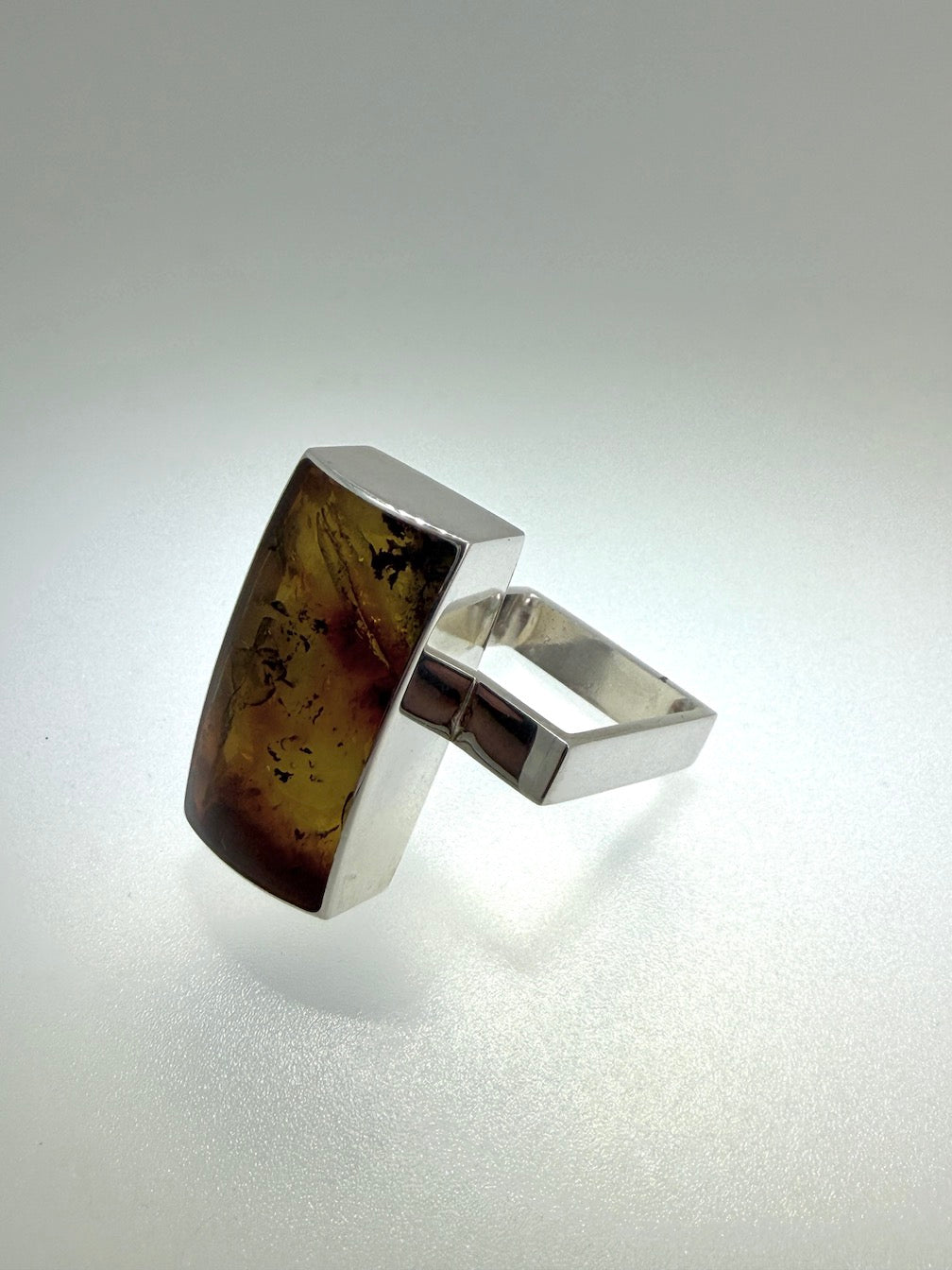 Ambermoda Designer Sterling Silver & Genuine Honey Baltic Amber Avant-Garde Modern Ring with Square Shank