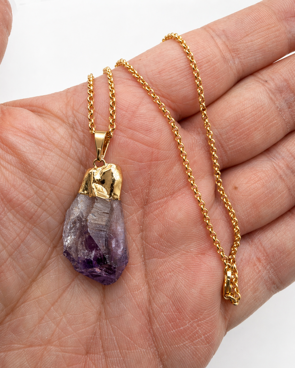 Amethyst Spike Pendant Necklace Gold Plated Brass, 18 Inch Chain, Genuine Brazil Amethyst Crystal Point Necklace, Purple Gemstone Statement Jewelry