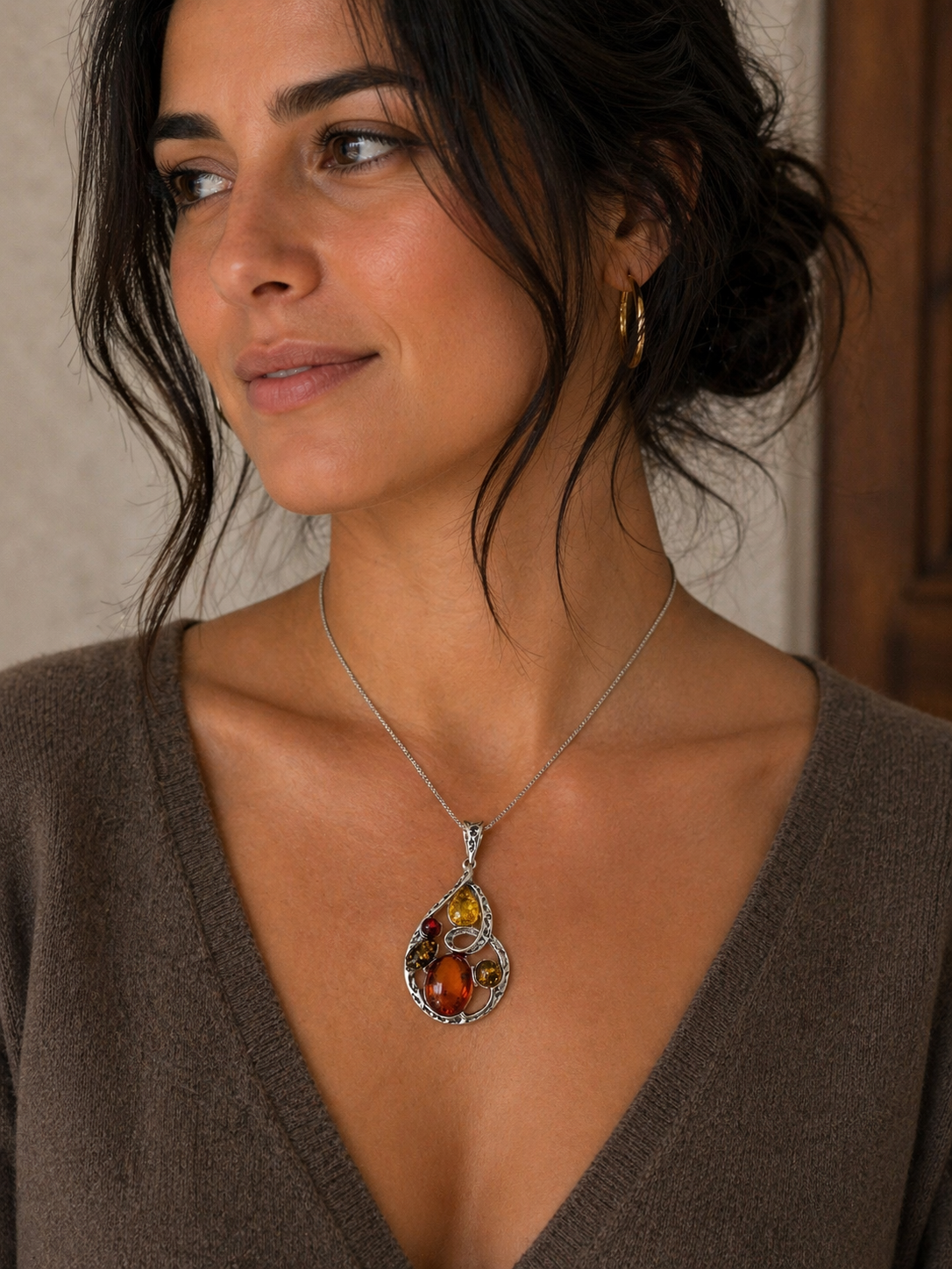 Artisan Multicolor Baltic Amber Pendant in Oxidized Sterling Silver
