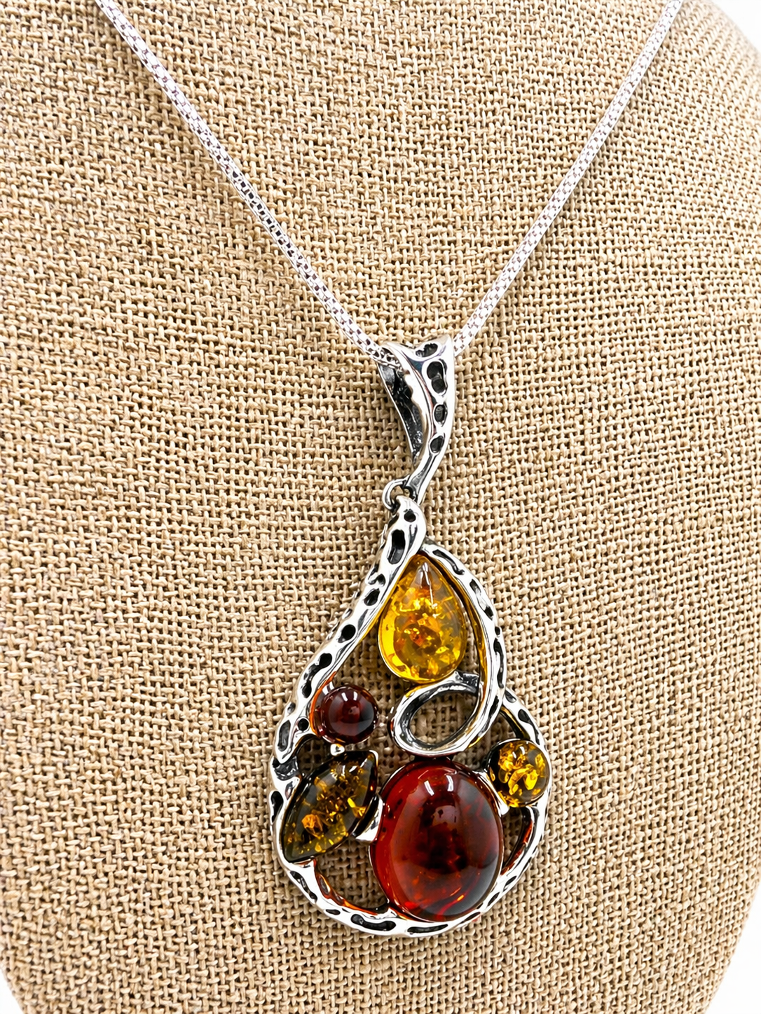Artisan Multicolor Baltic Amber Pendant in Oxidized Sterling Silver