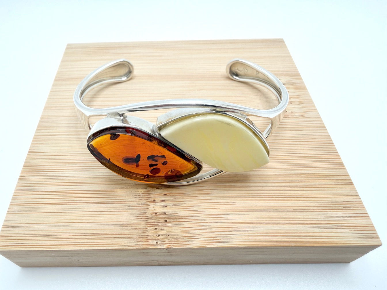Artistic Modern Handmade Sterling Silver Cuff Bracelet with Genuine Baltic Amber Stones - Cognac and Butterscotch