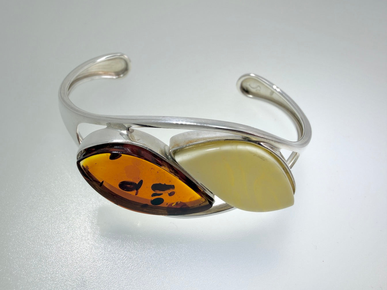 Artistic Modern Handmade Sterling Silver Cuff Bracelet with Genuine Baltic Amber Stones - Cognac and Butterscotch