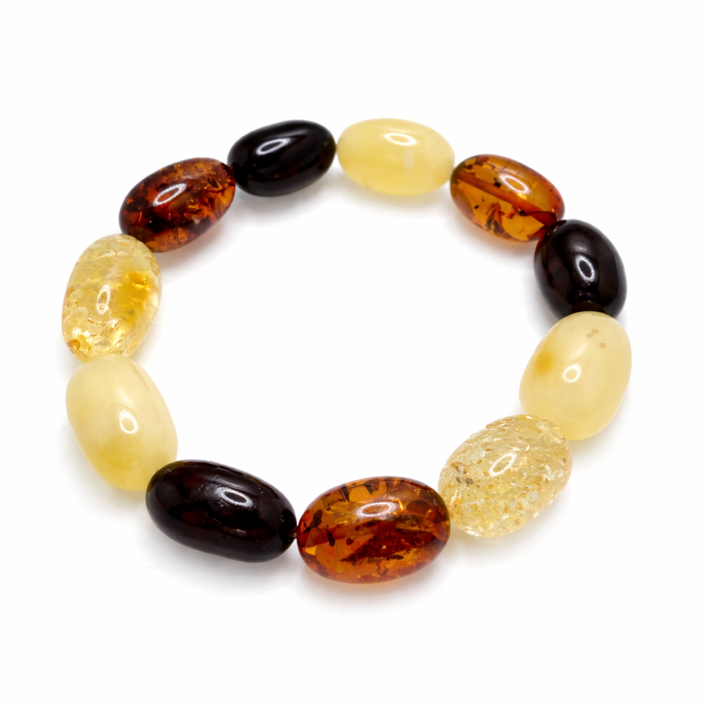Genuine Baltic Amber Perfect Oval Chunk Stretch Bracelet – Multi-Color
