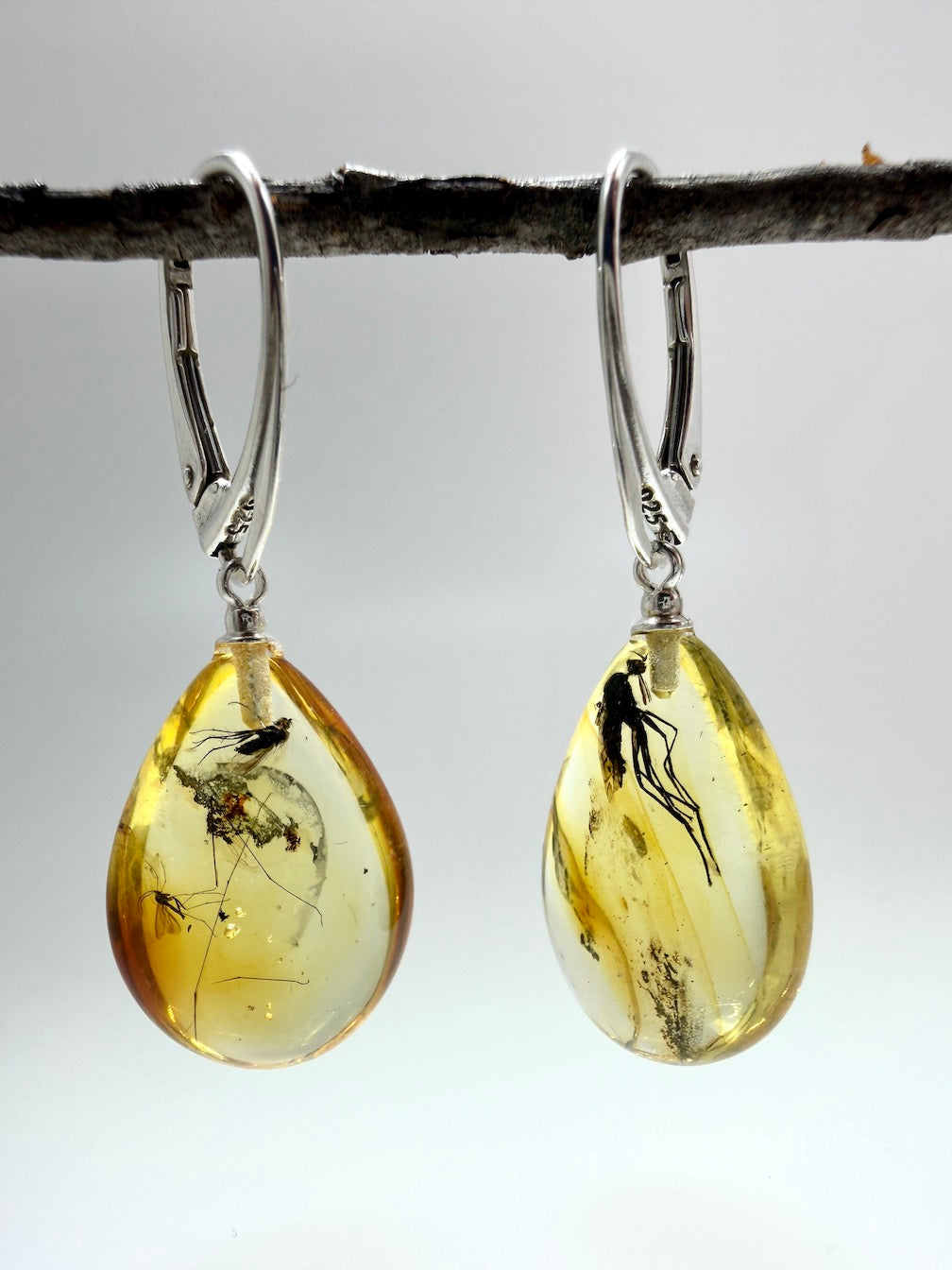 Handmade in Lithuania Genuine Baltic Amber Teardrop Earrings – Rare Insect Inclusions – Sterling Silver Lever Back Drops