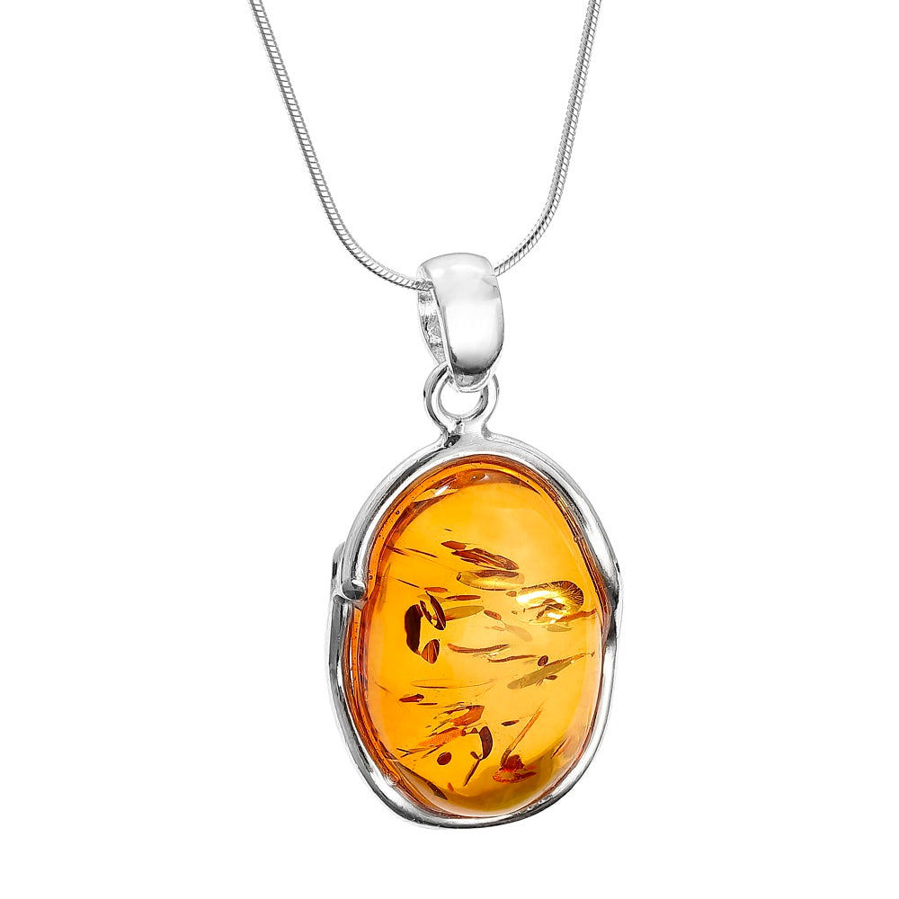 Honey Baltic Amber Handmade Oval Pendant on Sterling Silver Snake Chain