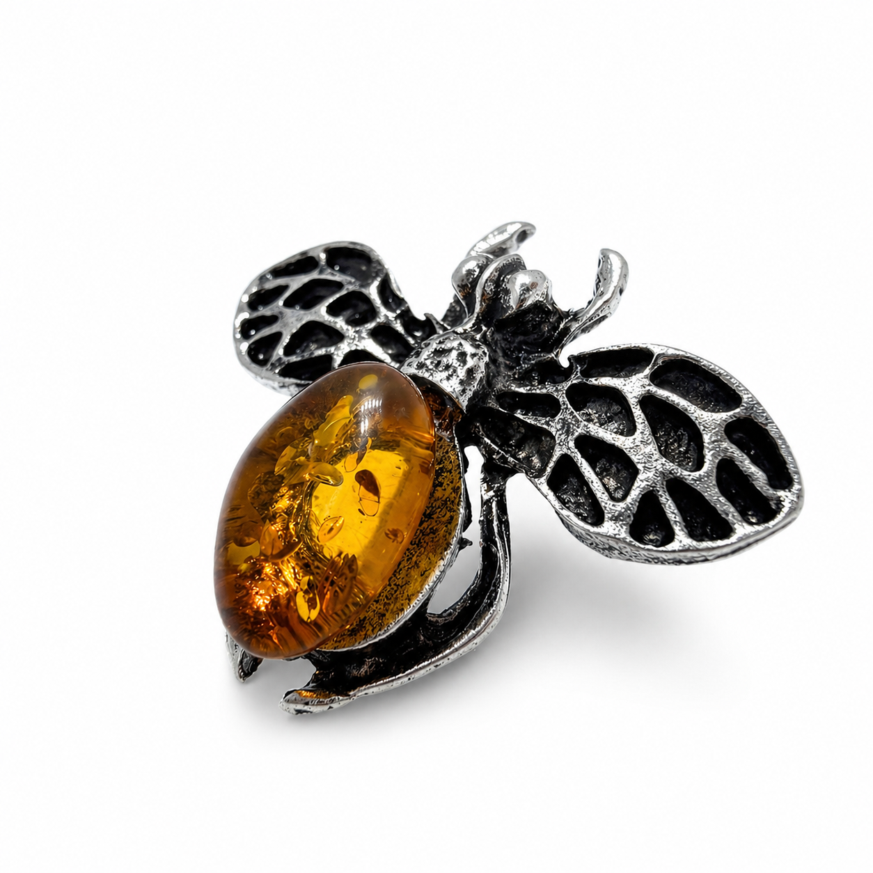 Baltic Amber Bumblebee Brooch | Sterling Silver Plated Brass
