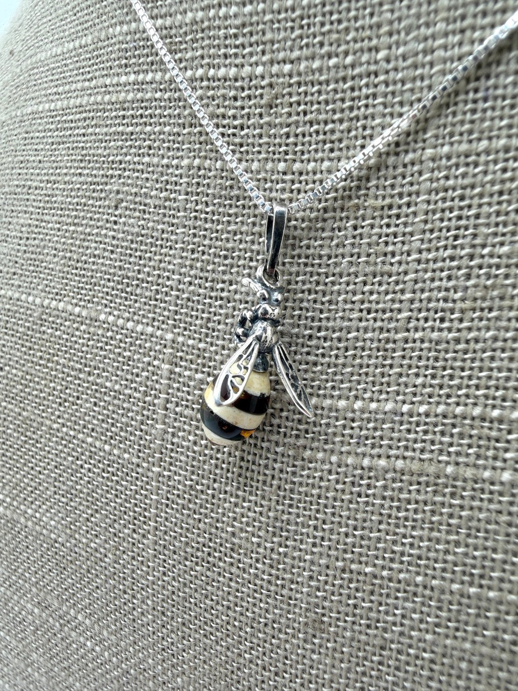 Baltic Amber Bumblebee Pendant – Sterling Silver Chain – Whimsical Nature Jewelry – Made in Poland
