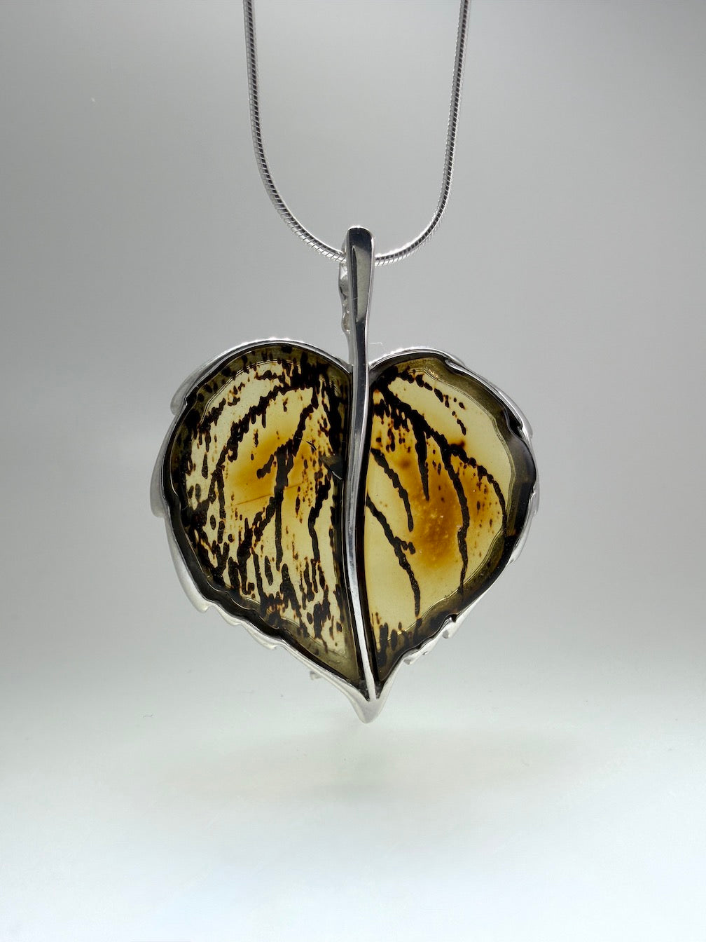 Baltic Amber and Sterling Silver Carved Leaf Pendant Necklace / Convertible Brooch