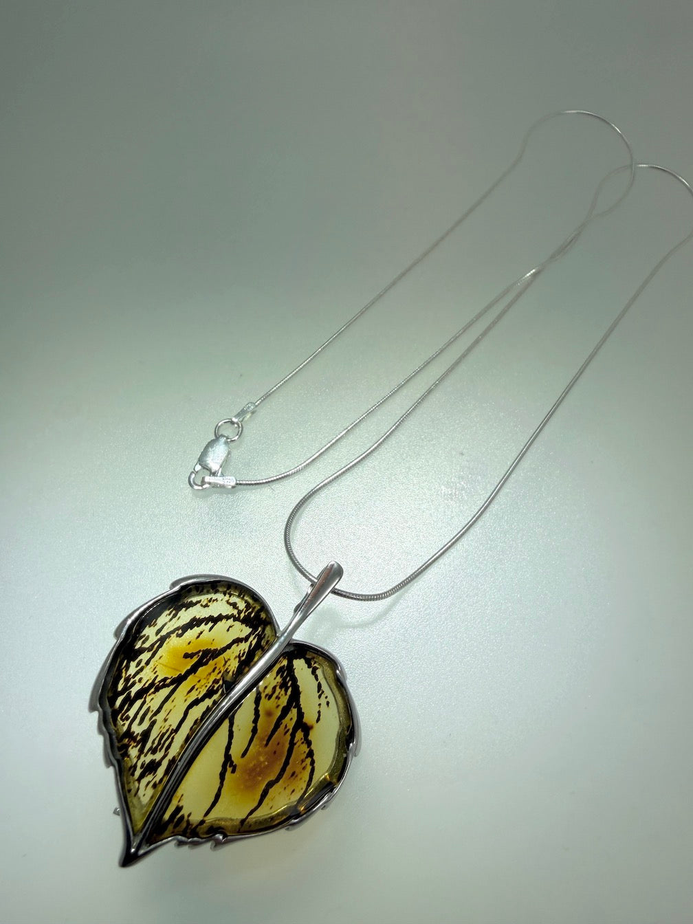 Baltic Amber and Sterling Silver Carved Leaf Pendant Necklace / Convertible Brooch