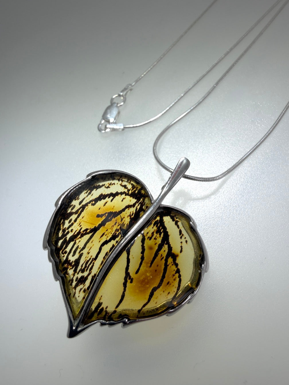 Baltic Amber and Sterling Silver Carved Leaf Pendant Necklace / Convertible Brooch