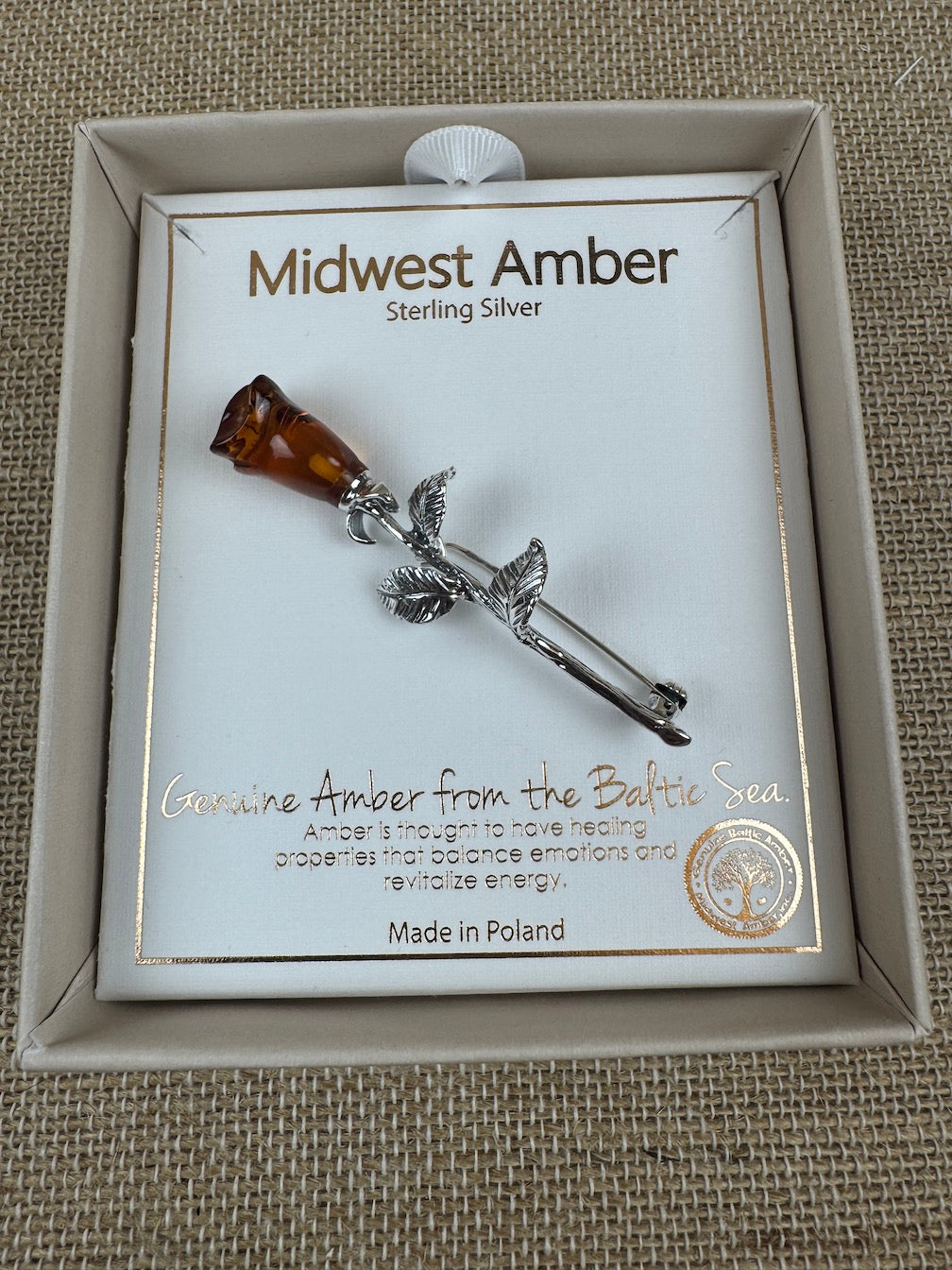 Baltic Amber Carved Rose Brooch in Sterling Silver – Honey Cognac