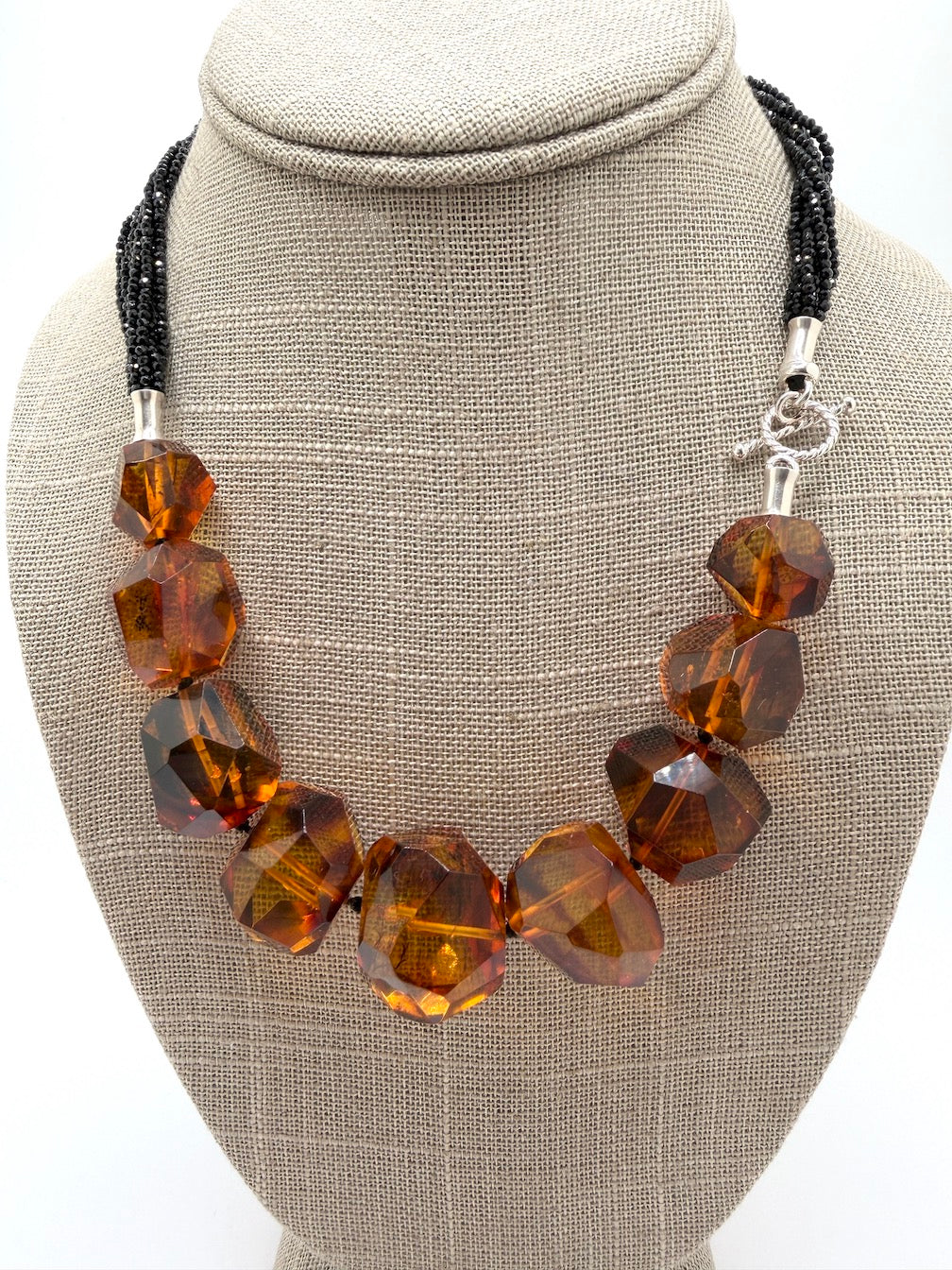 Baltic Amber Chunk Statement Necklace – Cognac Amber on Multi-Strand with Black Onyx and Sterling Silver Toggle – 18”