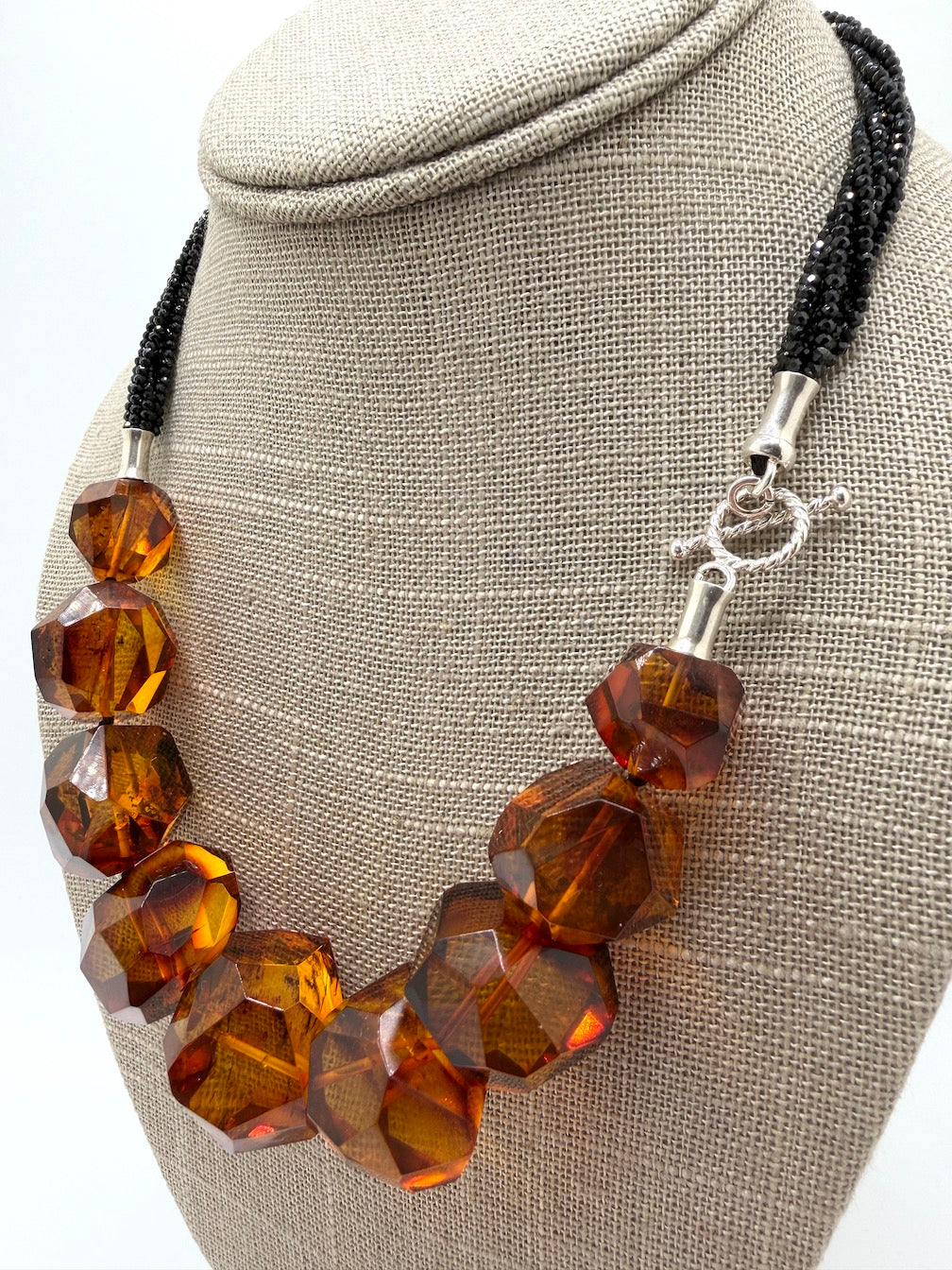 Baltic Amber Chunk Statement Necklace – Cognac Amber on Multi-Strand with Black Onyx and Sterling Silver Toggle – 18”