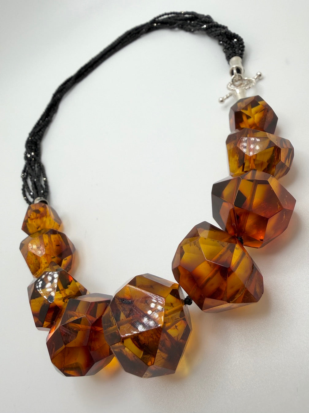 Baltic Amber Chunk Statement Necklace – Cognac Amber on Multi-Strand with Black Onyx and Sterling Silver Toggle – 18”