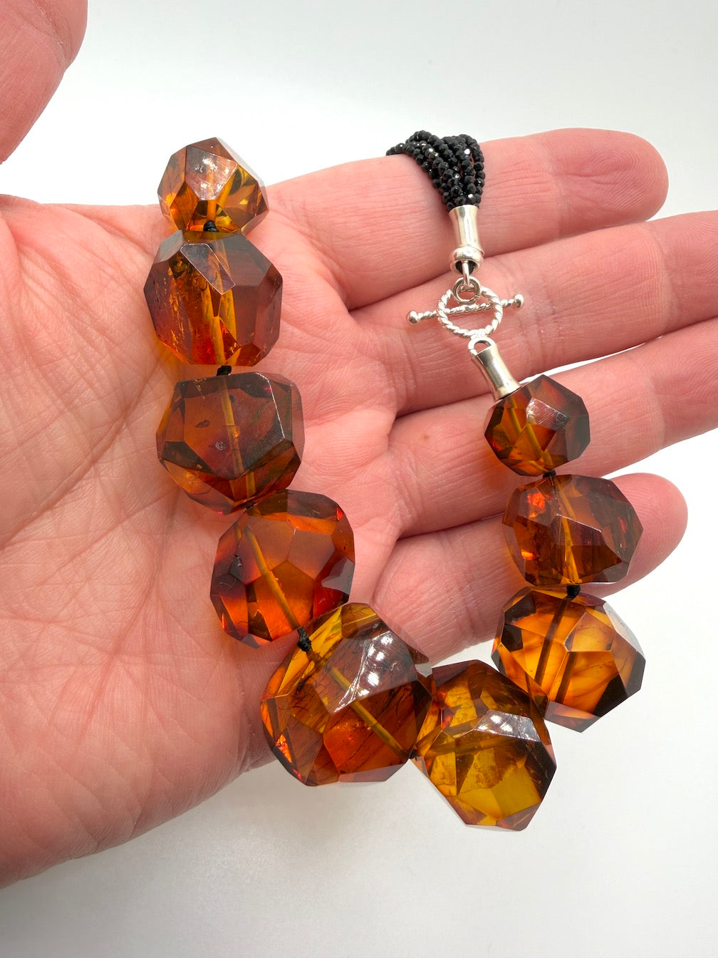 Baltic Amber Chunk Statement Necklace – Cognac Amber on Multi-Strand with Black Onyx and Sterling Silver Toggle – 18”