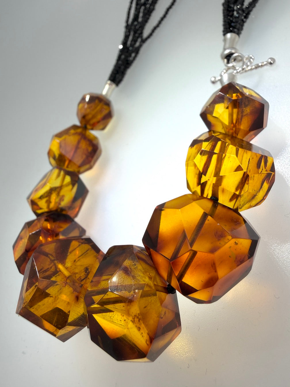 Baltic Amber Chunk Statement Necklace – Cognac Amber on Multi-Strand with Black Onyx and Sterling Silver Toggle – 18”