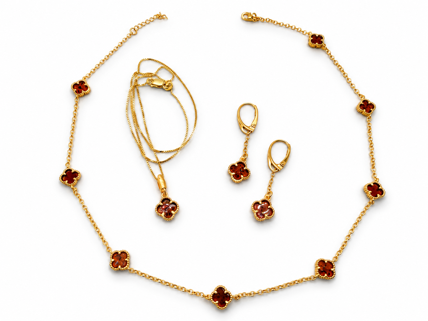 Baltic Amber Clover Jewelry Set – Gold Plated Sterling Silver Necklace, Earrings or Pendant – Cognac Amber