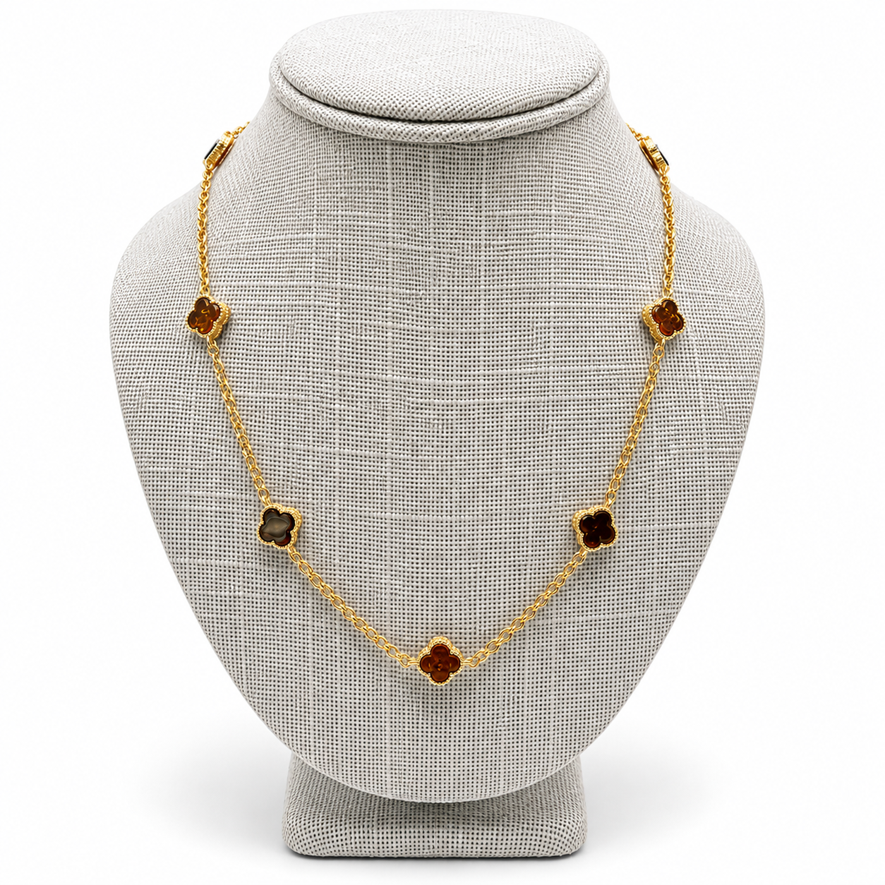 Baltic Amber Clover Jewelry Set – Gold Plated Sterling Silver Necklace, Earrings or Pendant – Cognac Amber