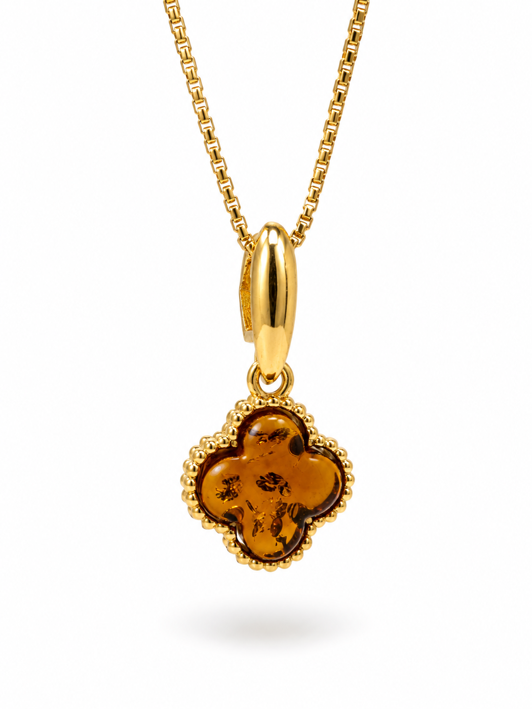 Baltic Amber Clover Jewelry Set – Gold Plated Sterling Silver Necklace, Earrings or Pendant – Cognac Amber
