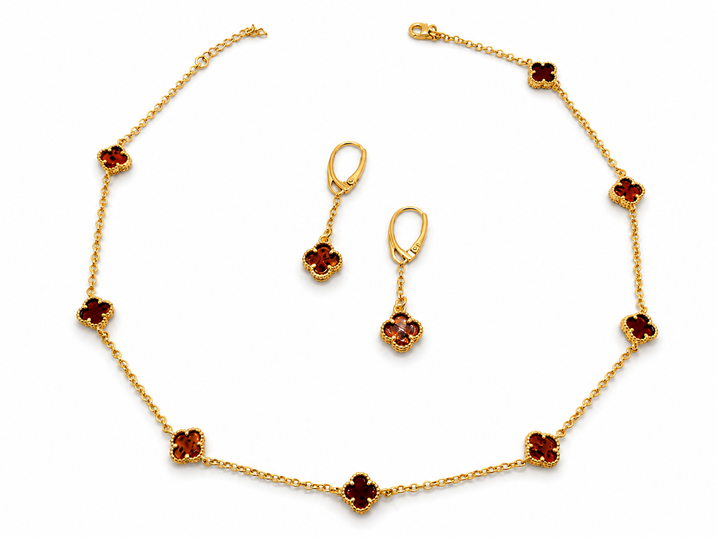 Baltic Amber Clover Jewelry Set – Gold Plated Sterling Silver Necklace, Earrings or Pendant – Cognac Amber