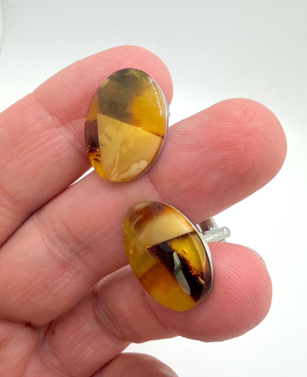 Baltic Amber Cufflinks – Mixed Color Amber Mosaic – Stainless Steel Oval Cuff Links