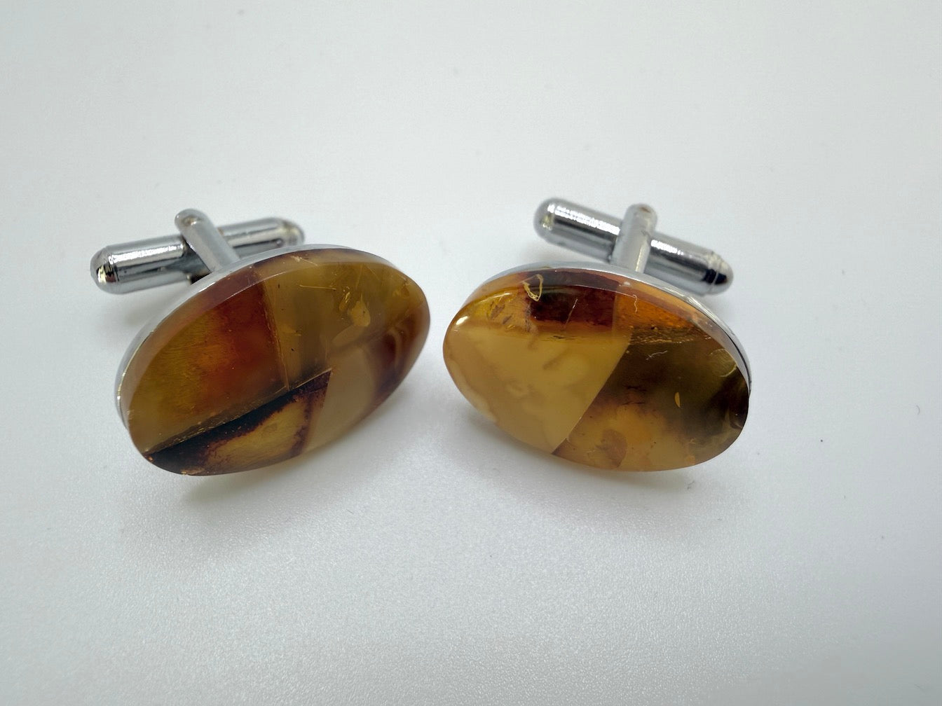 Baltic Amber Cufflinks – Mixed Color Amber Mosaic – Stainless Steel Oval Cuff Links
