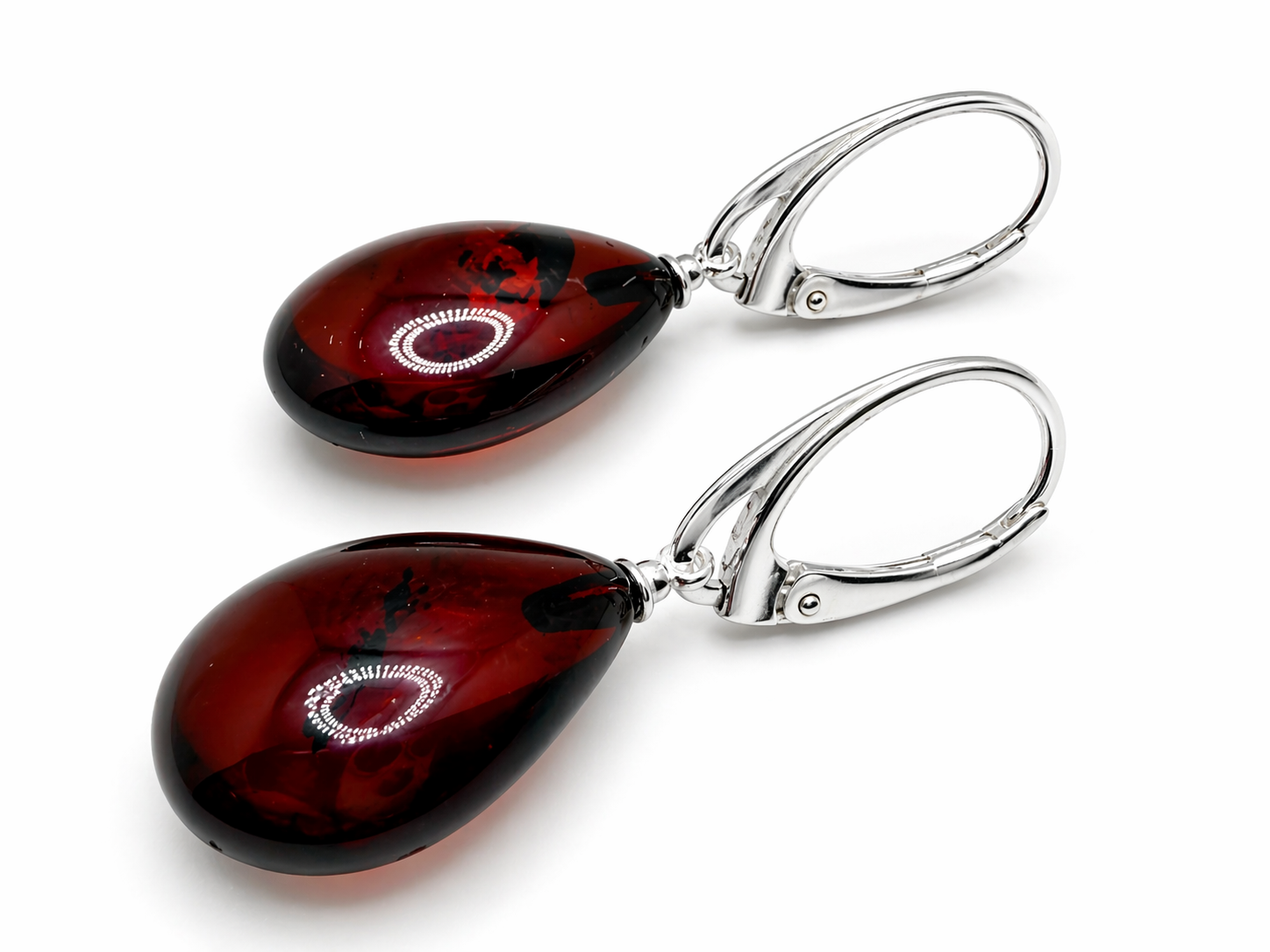 Baltic Amber Dangle Earrings | Natural Cherry Teardrops with Sterling Silver Lever-Back Closures