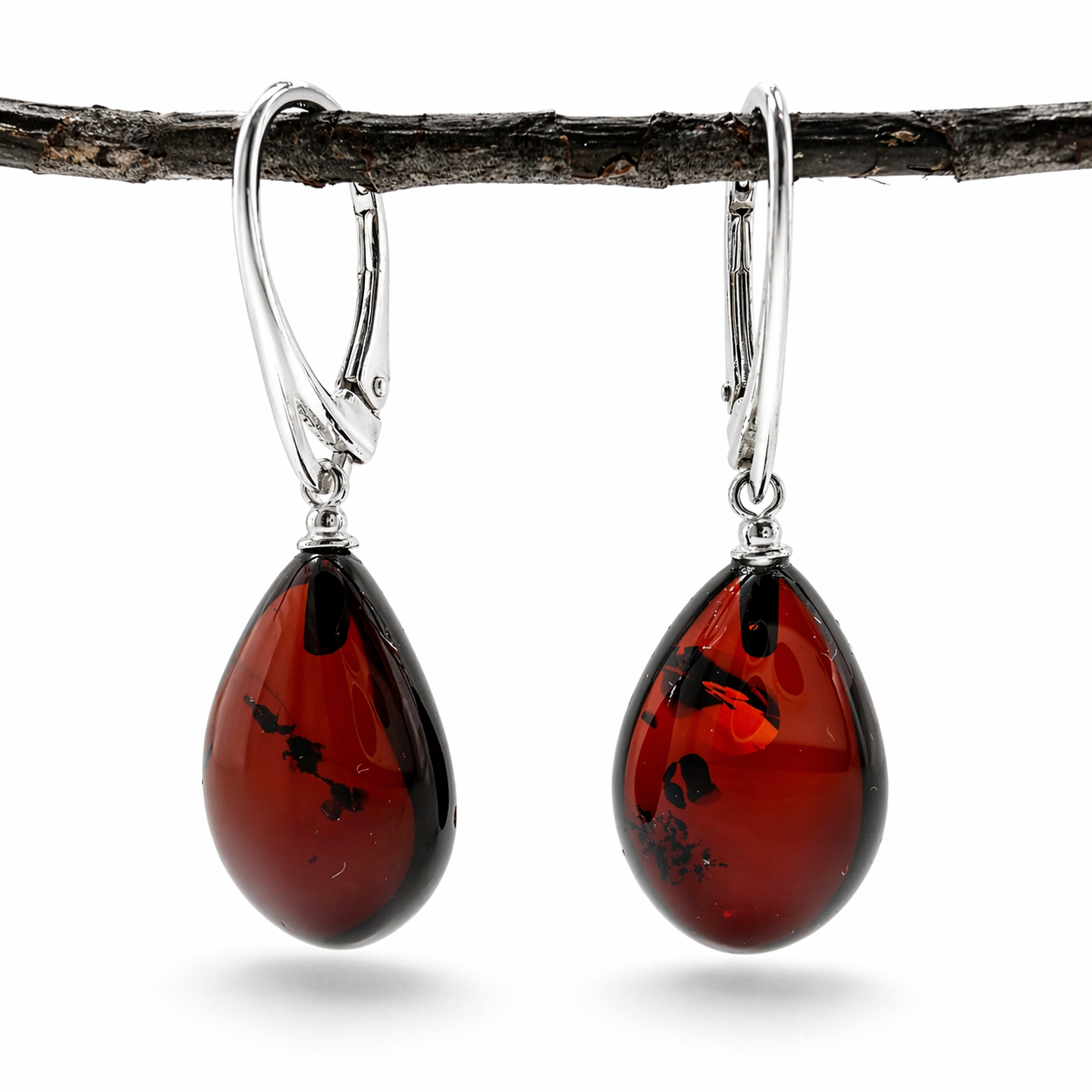 Baltic Amber Dangle Earrings | Natural Cherry Teardrops with Sterling Silver Lever-Back Closures