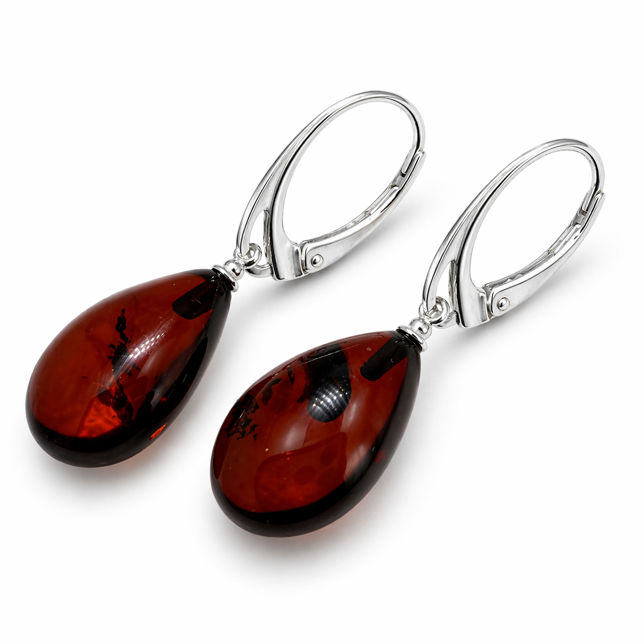 Baltic Amber Dangle Earrings | Natural Cherry Teardrops with Sterling Silver Lever-Back Closures