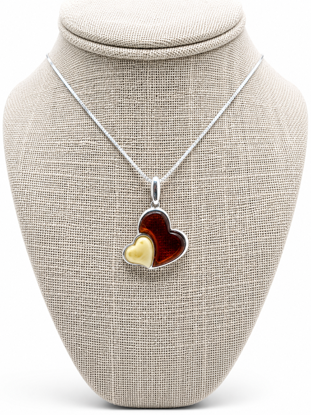 Baltic Amber Double Heart Pendant Set, Sterling Silver Honey & Butterscotch Amber Necklace and Matching Lever Back Earrings