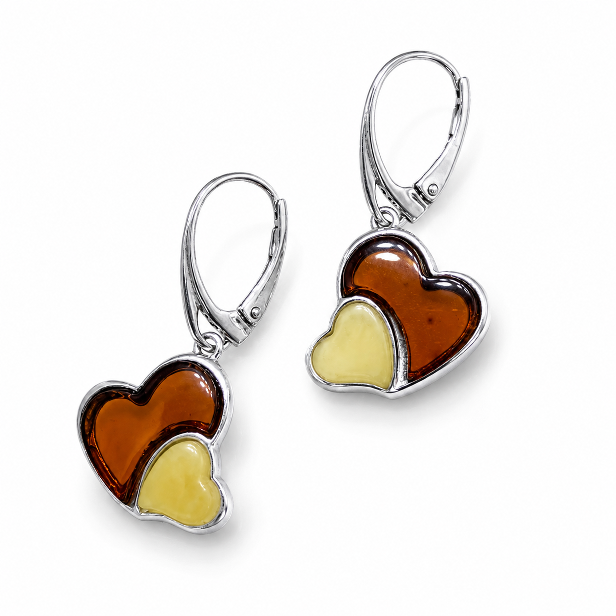 Baltic Amber Double Heart Pendant Set, Sterling Silver Honey & Butterscotch Amber Necklace and Matching Lever Back Earrings