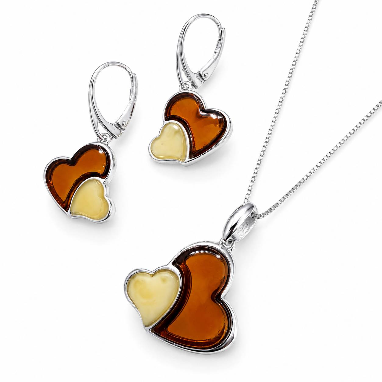 Baltic Amber Double Heart Pendant Set, Sterling Silver Honey & Butterscotch Amber Necklace and Matching Lever Back Earrings