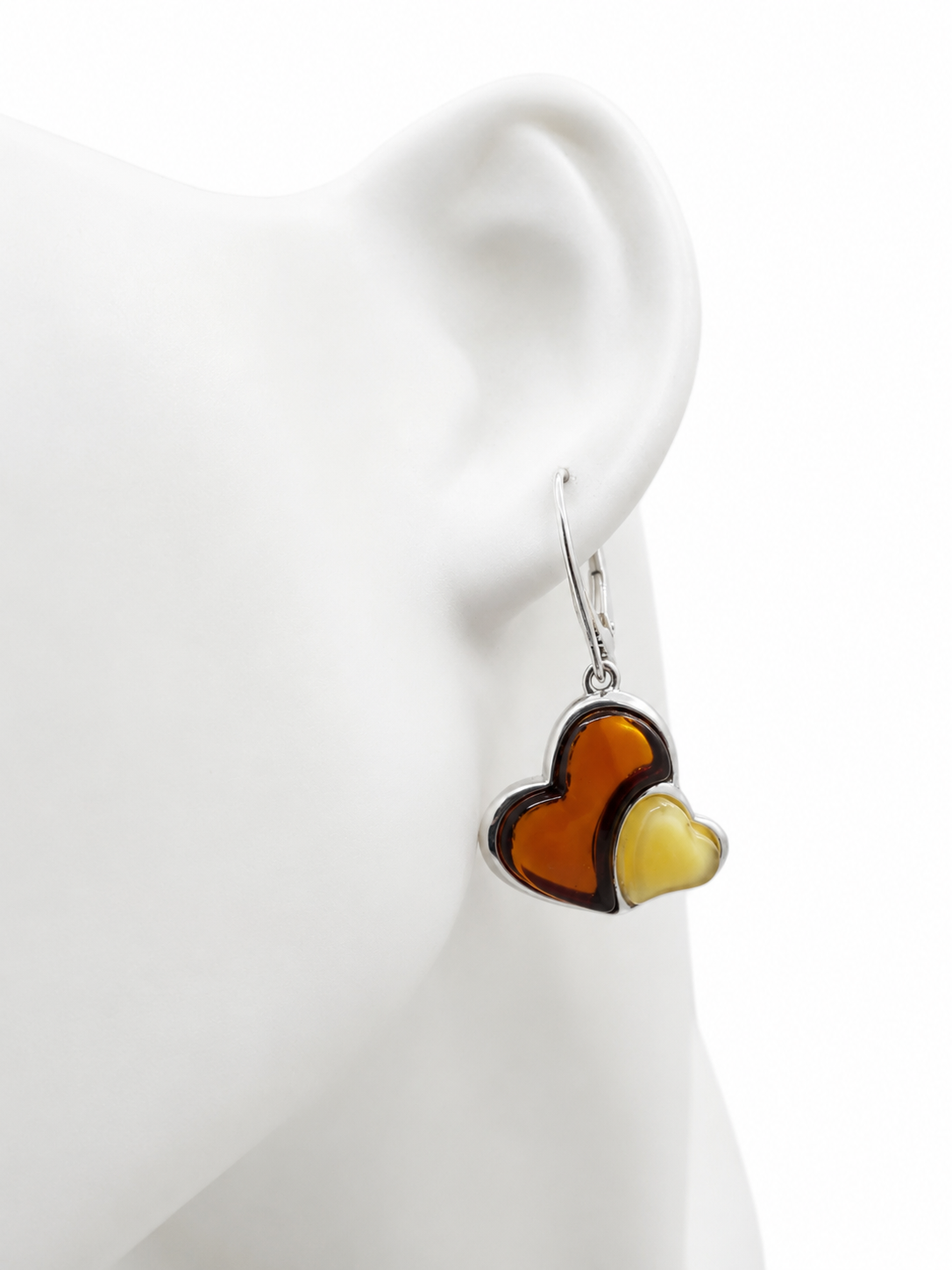 Baltic Amber Double Heart Pendant Set, Sterling Silver Honey & Butterscotch Amber Necklace and Matching Lever Back Earrings