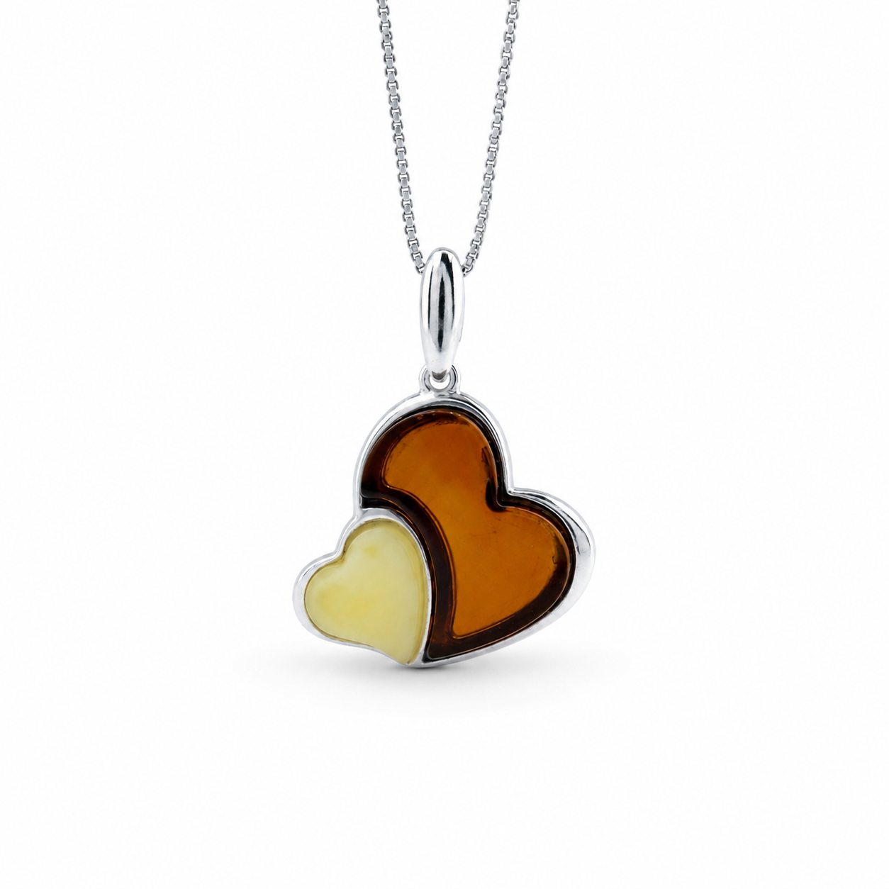 Baltic Amber Double Heart Pendant Set, Sterling Silver Honey & Butterscotch Amber Necklace and Matching Lever Back Earrings