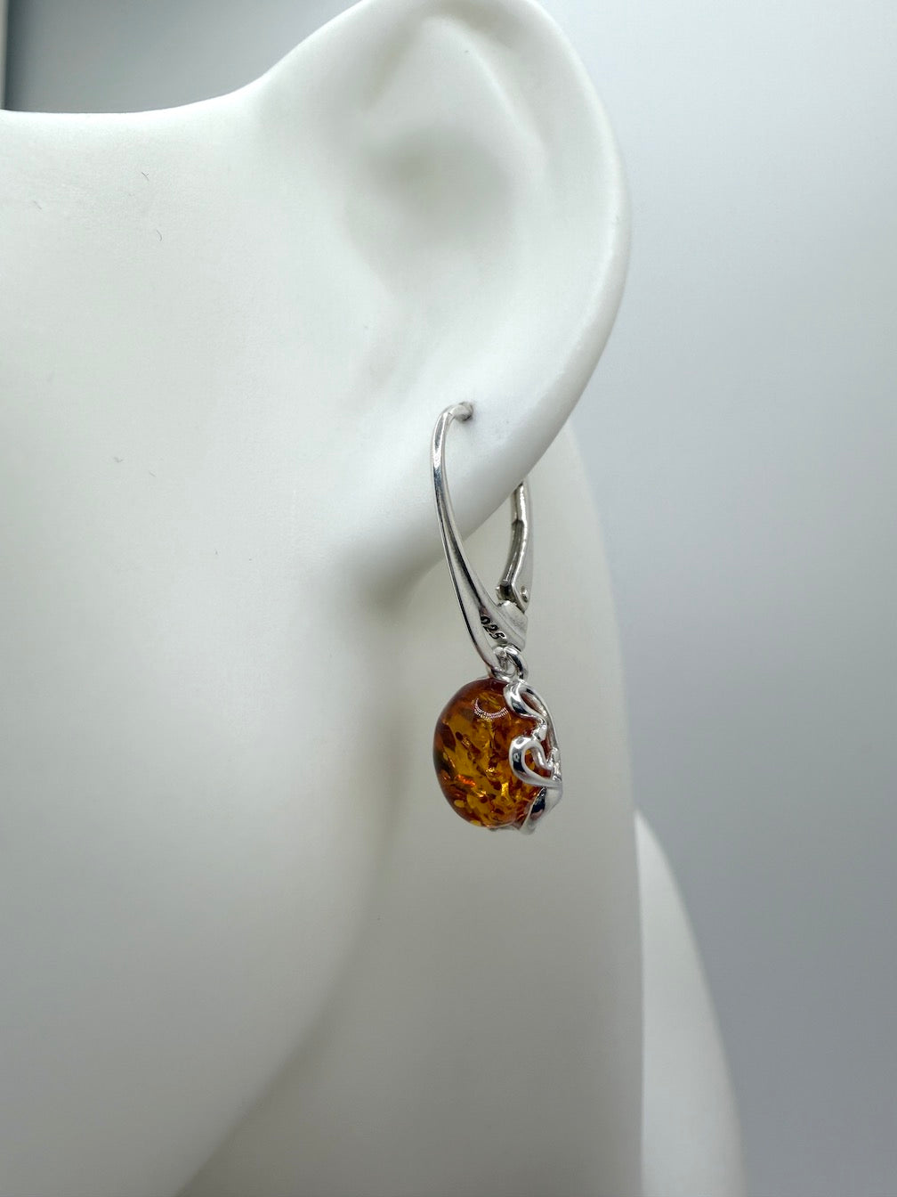 Baltic Amber Drop Lever Back Earrings | Floral Oval Cab | Sterling Silver or Gold Plated