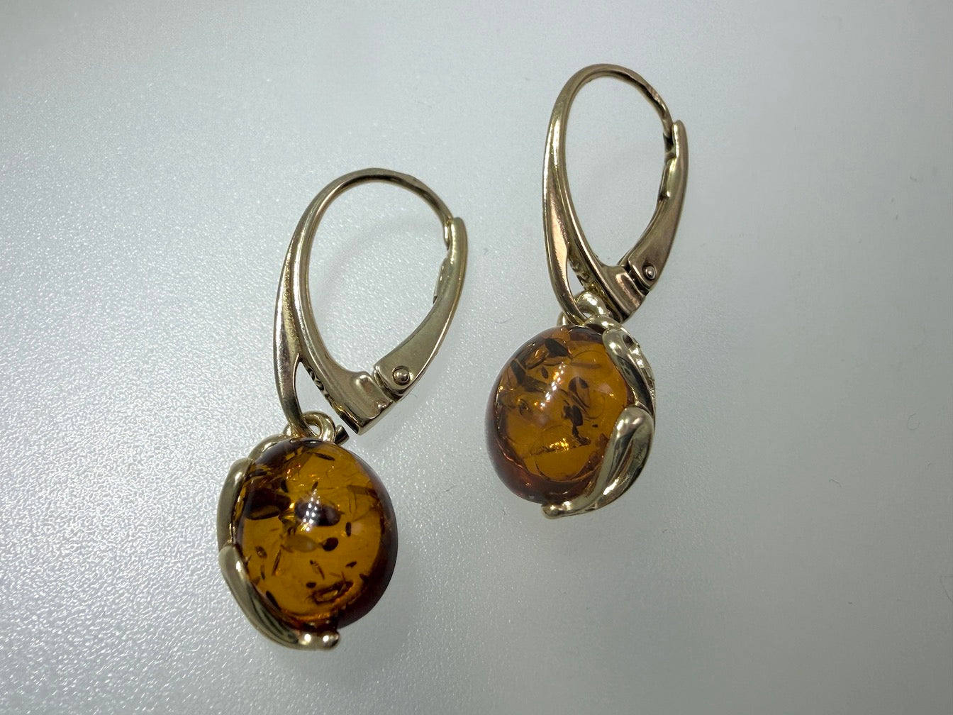 Baltic Amber Drop Lever Back Earrings | Floral Oval Cab | Sterling Silver or Gold Plated