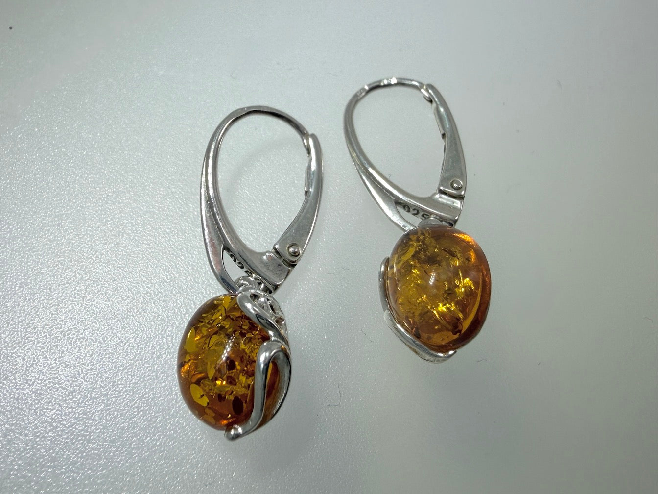 Baltic Amber Drop Lever Back Earrings | Floral Oval Cab | Sterling Silver or Gold Plated