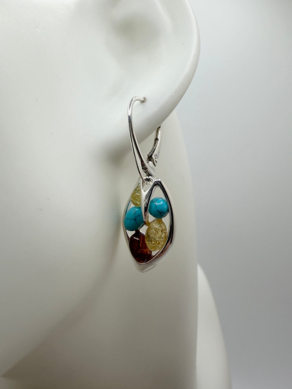 Baltic Amber Drop Lever Back Earrings | Honey, Green & Lemon or Turquoise Mix | 925 Sterling Silver