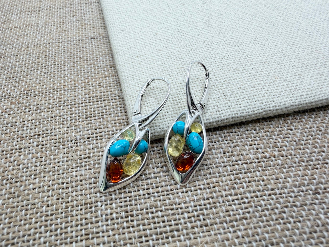 Baltic Amber Drop Lever Back Earrings | Honey, Green & Lemon or Turquoise Mix | 925 Sterling Silver