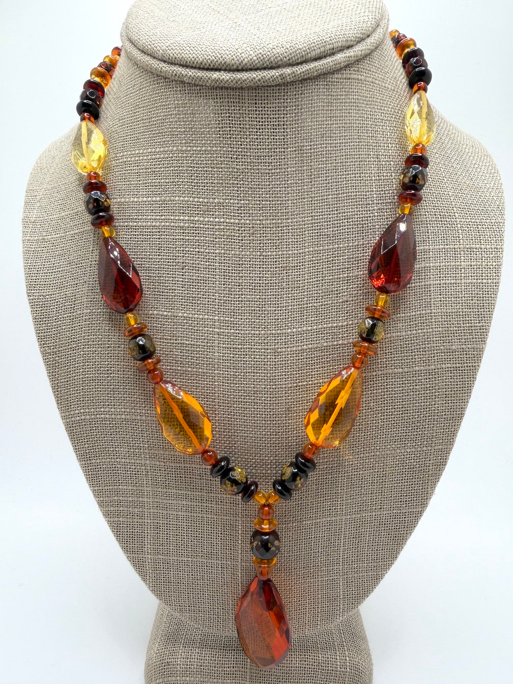 Baltic Amber Faceted Statement Necklace – Multicolor Amber with Large Teardrop Pendant – 19”