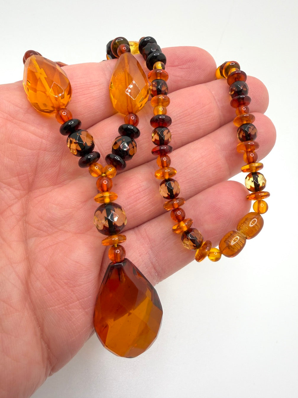 Baltic Amber Faceted Statement Necklace – Multicolor Amber with Large Teardrop Pendant – 19”