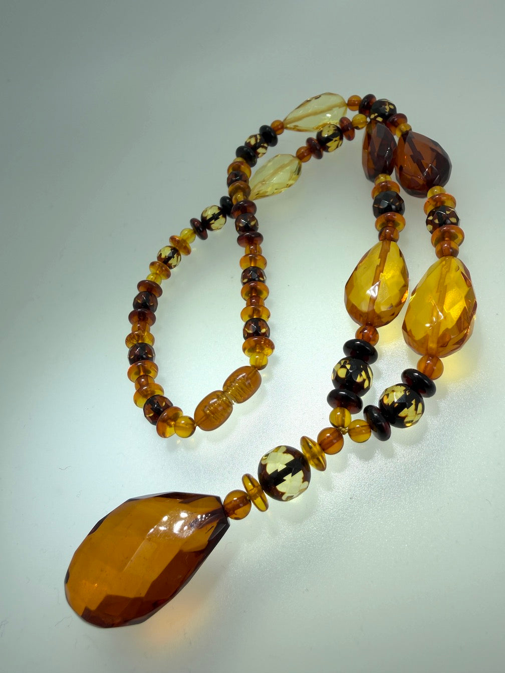 Baltic Amber Faceted Statement Necklace – Multicolor Amber with Large Teardrop Pendant – 19”