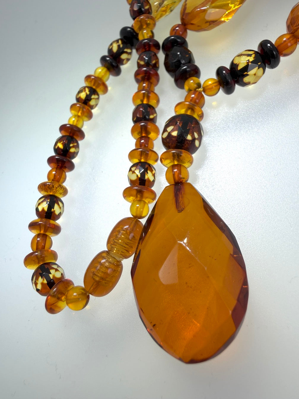 Baltic Amber Faceted Statement Necklace – Multicolor Amber with Large Teardrop Pendant – 19”