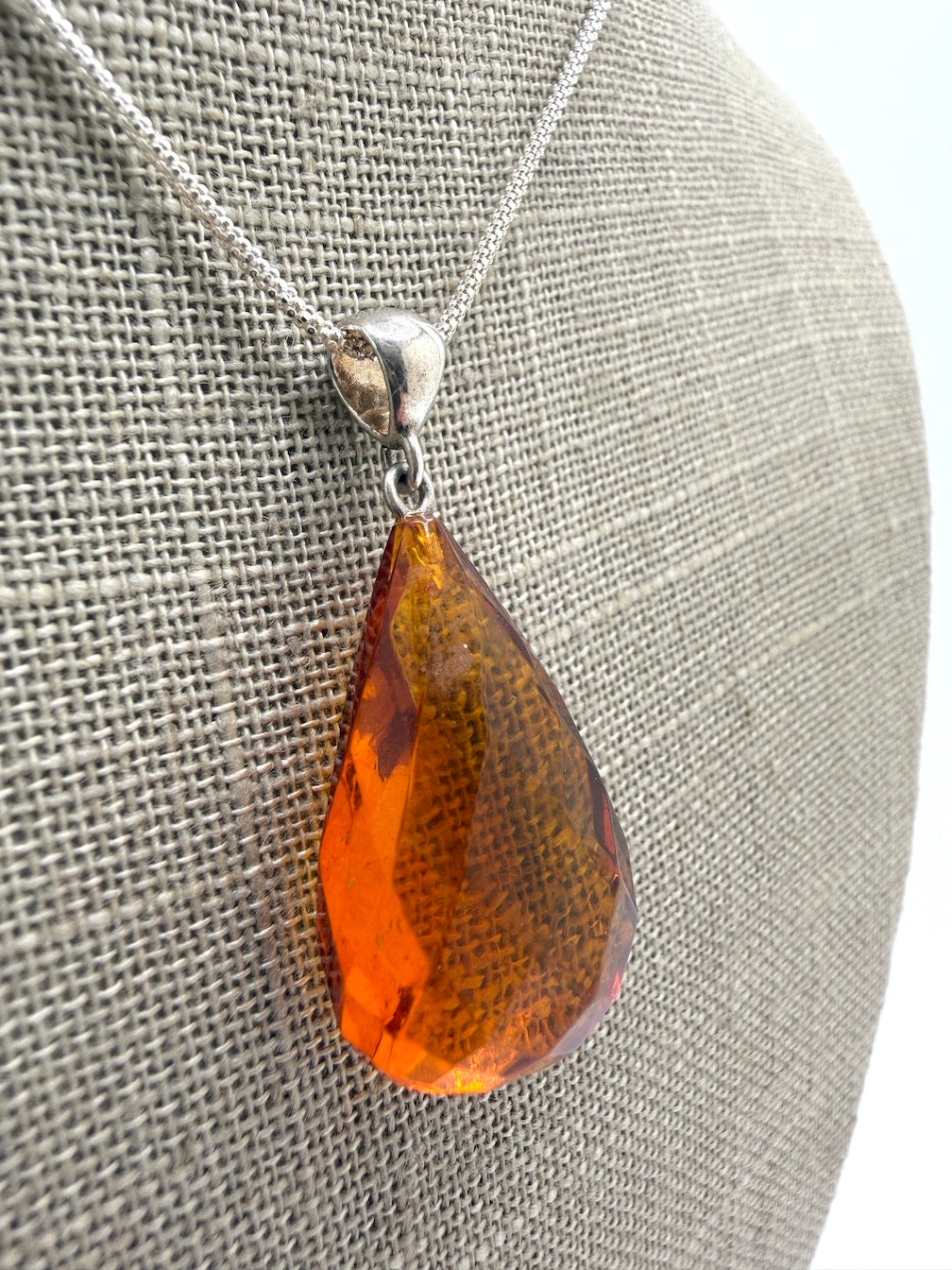 Baltic Amber Faceted Teardrop Pendant Necklace | Sterling Silver